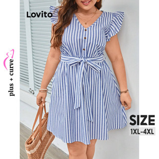 Lovito Vestido de Babado com Botões na Frente e Cinto Xadrez Lisa Boho Plus Size para Mulheres LBL08450