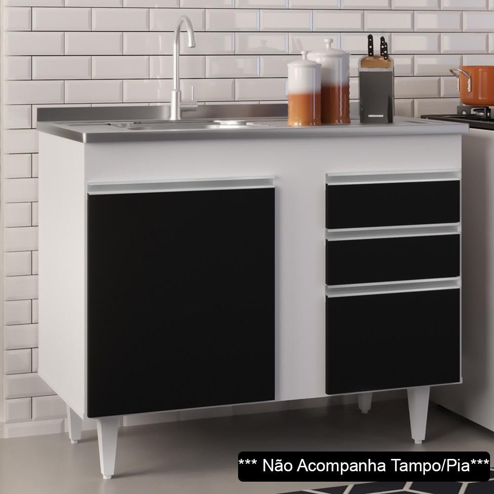 Balcão Gabinete 100cm Sem Tampo 2 Portas 2 Gavetas Luziania Branco/Preto - Lumil Móveis