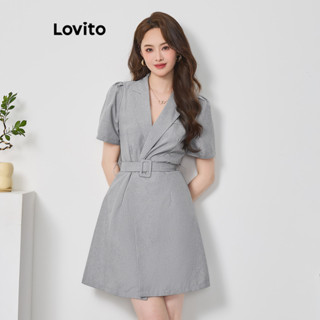 Lovito Elegante Vestido Feminino Liso com Cinto L74ED180