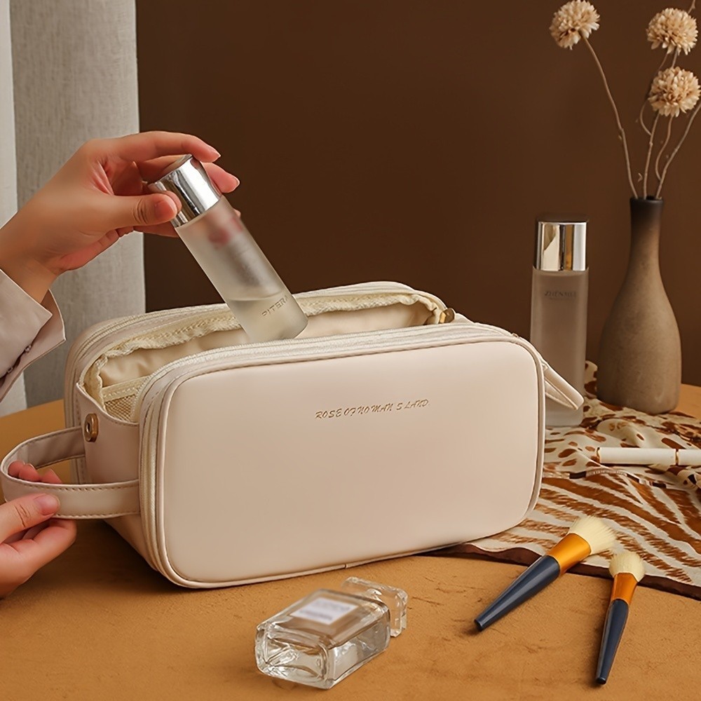 Bolsa De Maquiagem De Couro De Grande Capacidade Para Mulheres Portátil De Viagem Multifun...