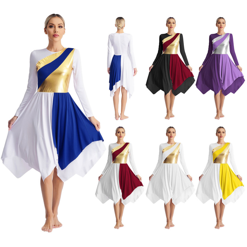 Yeahdor Vestido Feminino De Dança Lírica , Manga Comprida , Cor Metálica , Vestidos Assimétricos , Elogios , Roupa