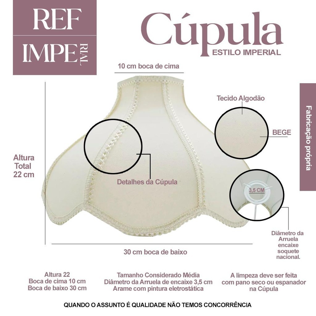 Cúpula para Abajur luminaria 22x30x10cm Estilo Imperial tecido Algodão Soquete nacional Cor Bege · foto 2
