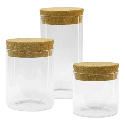 Kit 03 Potes Vidro Hermético Rolha Porta Tempero/Condimento
