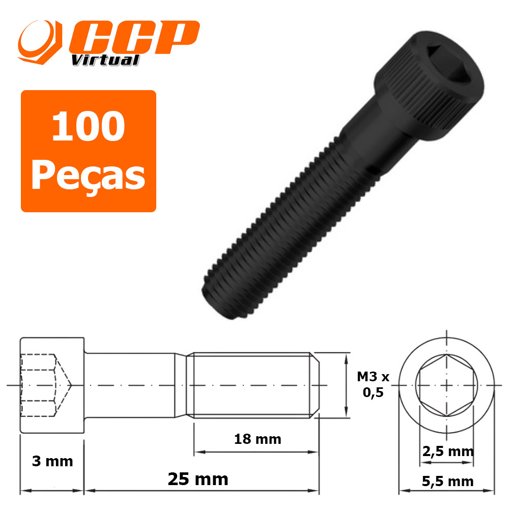 Parafuso Allen Aço Liga Cabeça Cilindrica M3 X 25 - 100 Unid