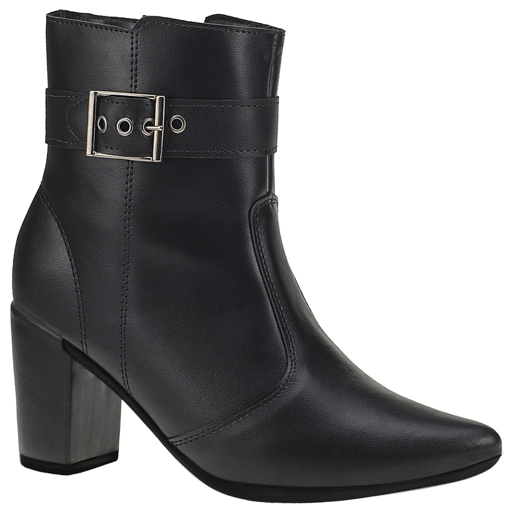 Bota Feminina com Zíper Bico Fino Lateral Cano Curto Salto com Acessório Fivela 205