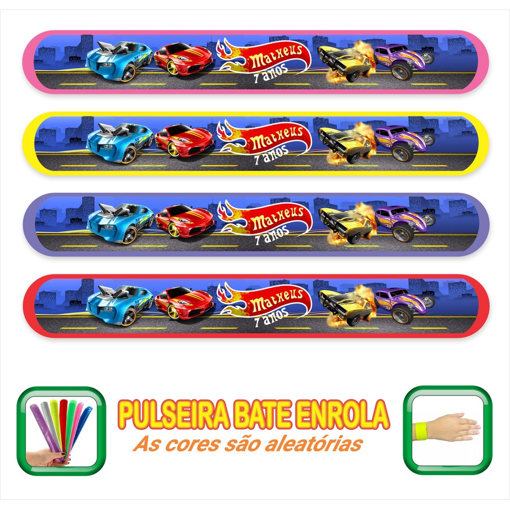 PULSEIRA BATE ENROLA FESTA HOTWEELS AZUL - Envie o nome e idade