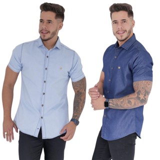 Kit 2 Camisa Jeans Masculina Moda Social Manga Curta Algodão