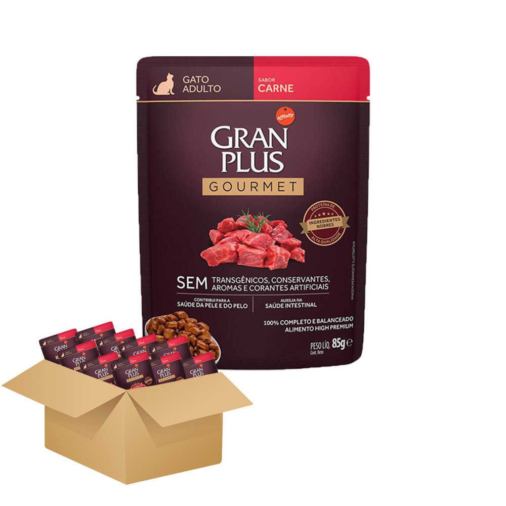 KIT 10 Ração Úmida Gran Plus Gourmet Gatos Adultos Carne Sachê 85g em Oferta na Shopee
