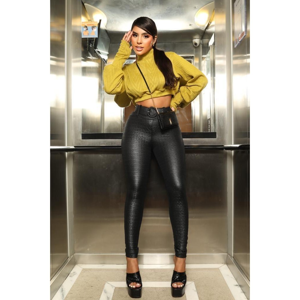 Calça legging cirre  pixel com bolsos e cinto empina bumbum cintura alta com lycra pop modas jeans