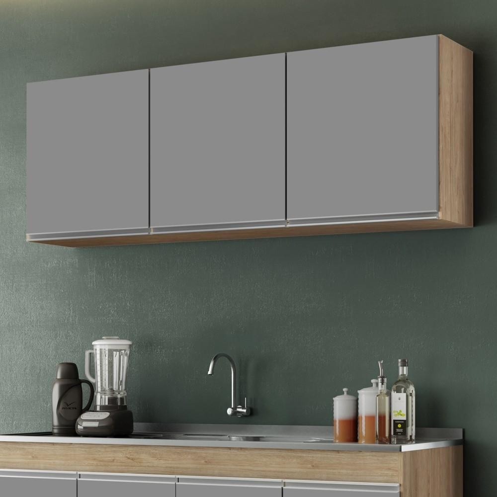 Armário Aéreo de Cozinha 150cm 3 Portas Argélia Castanho/Cinza - Lumil Móveis - Home & Living