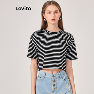 Lovito Casual Camiseta Feminina Listrada Básica L71ED023 (Preto e Branco)