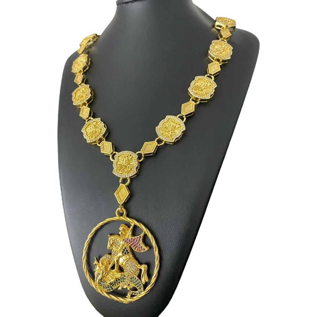 Cordão Personalizado São Jorge + Pingente Arco São Jorge Pedras Coloridas Banhado Ouro 18k