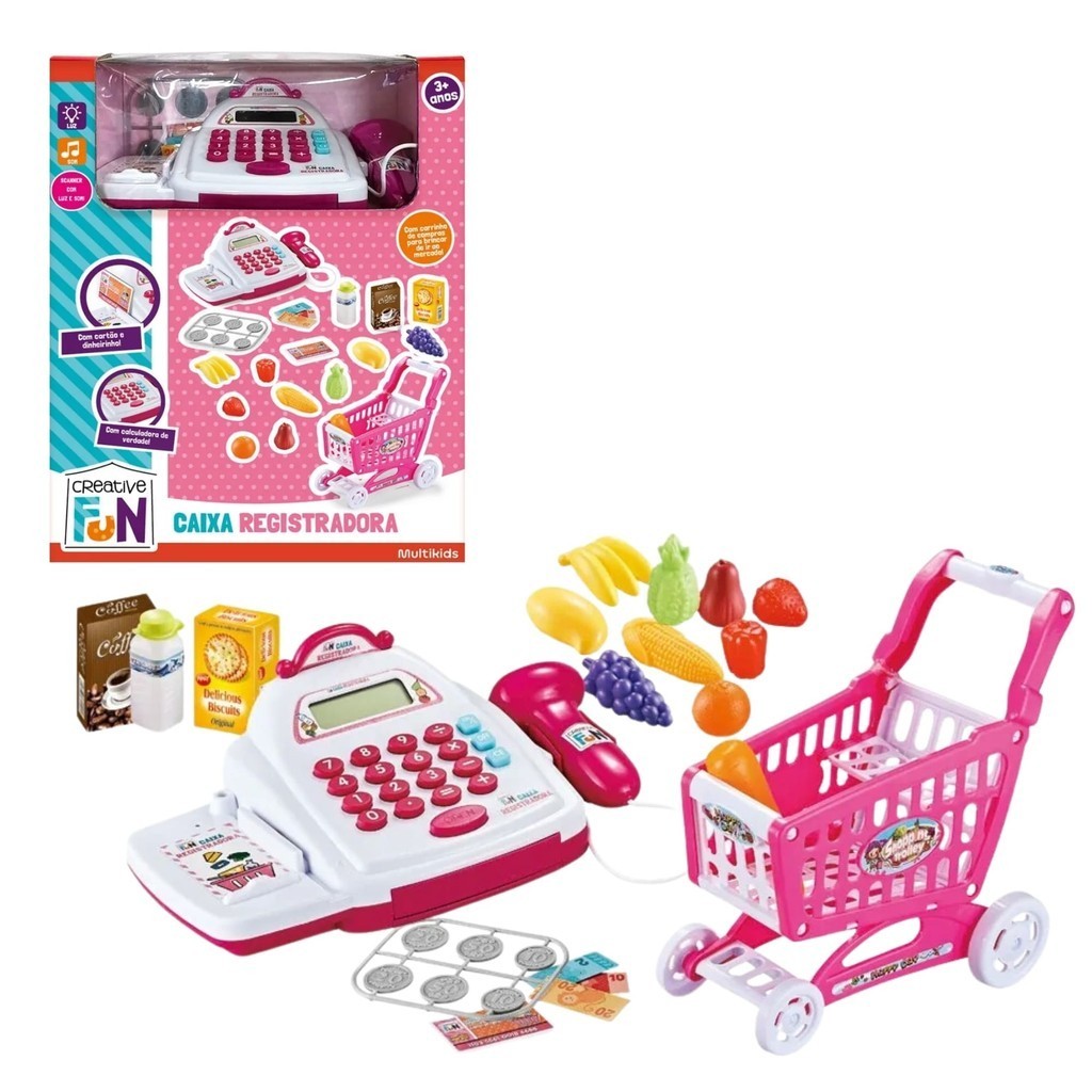 Brinquedo Faz de Conta Caixa registradora com Carrinho de Supermercado e Acessórios Creative Fun Multikids - BR2035 - Mom & Baby
