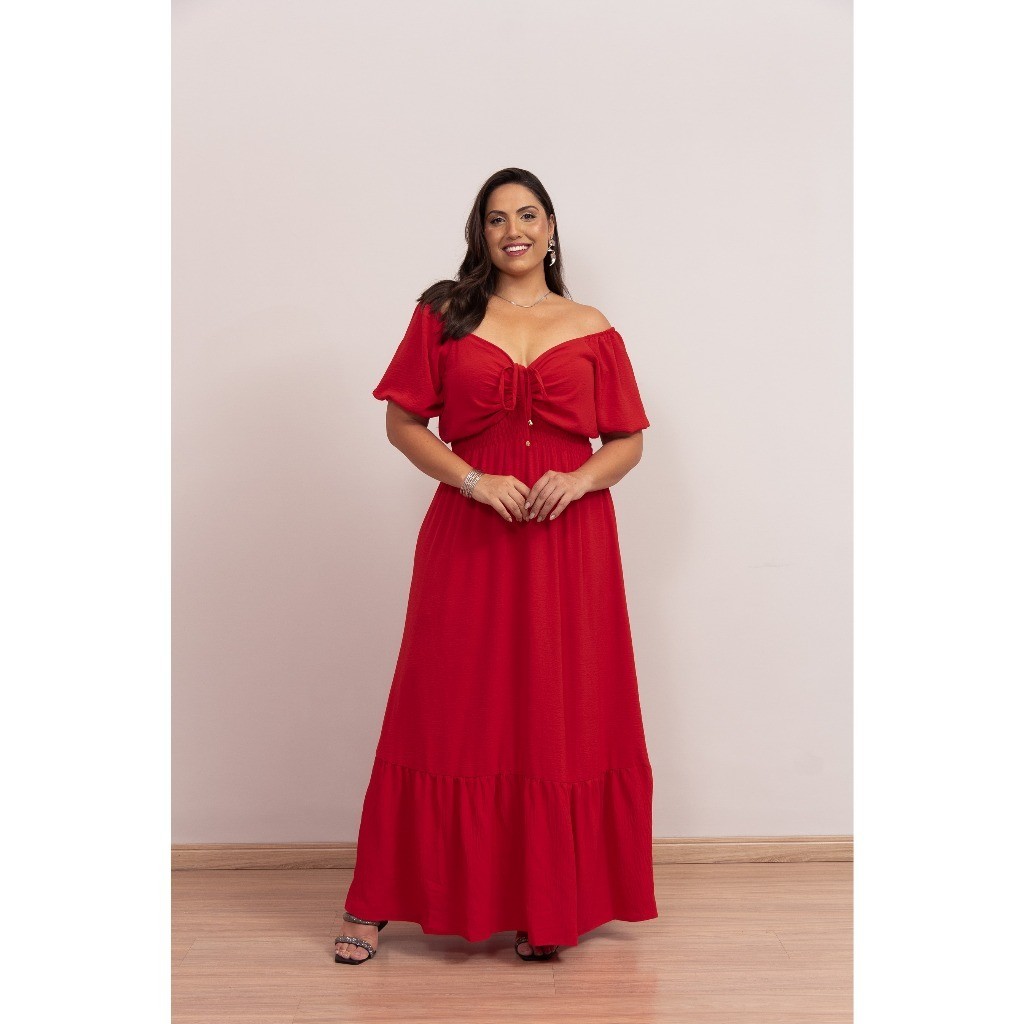Vestido Longo Plus Size com Decote Franzido Ajustável e Babados Três Marias – Crepe Duna Feminino