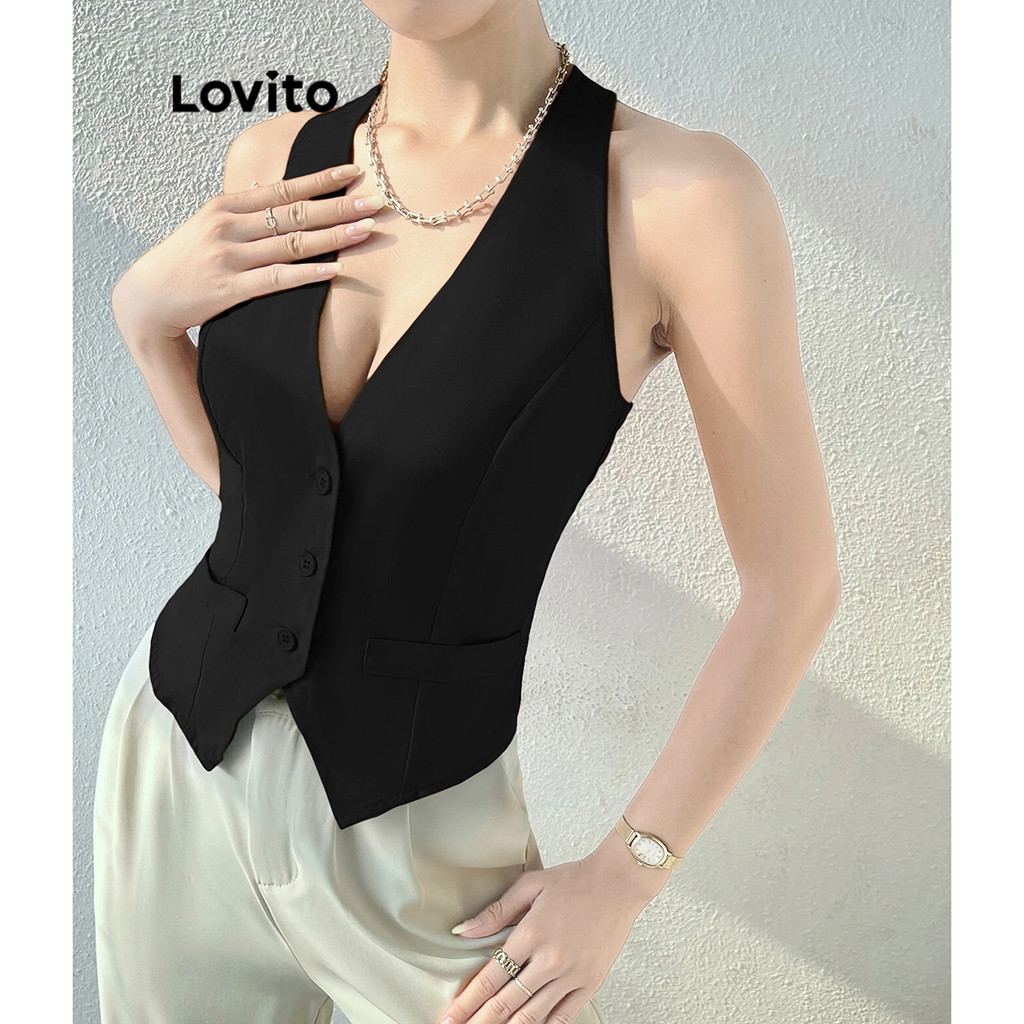 Detalhes do (Trendy) Lovito Elegante Top Tank com Botões Frontais para Mulheres L80ED157(Multicolorido)