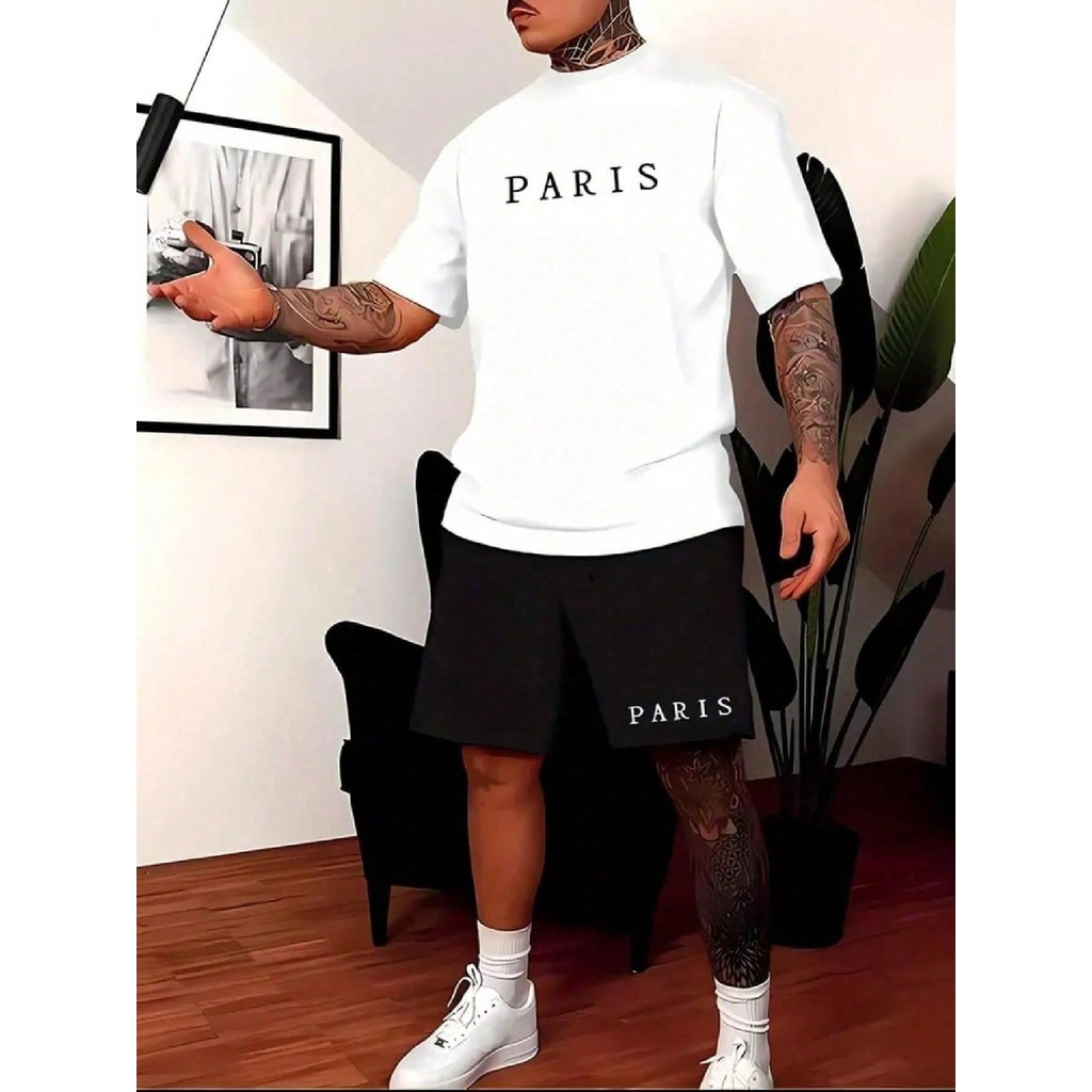 Conjunto Camiseta + Bermuda Paris Estampado Camisa 100% algodão Bermuda Tactel