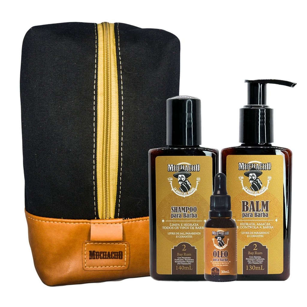 Kit Shampoo para Barba + Balm para Barba + Óleo para Barba Frasco - Muchacho Bay Rum + Necessaire Muchacho Guadalajara