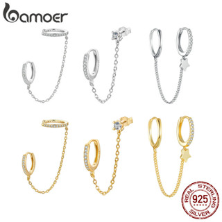 BAMOER 925 Prata Esterlina 1 PCS Brincos De Círculo Duplo Corrente Longa Para Mulher Declaração Jóias Elegantes