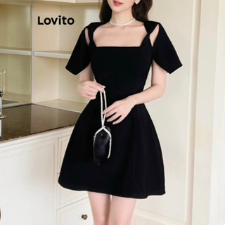 Lovito Casual Vestido Feminino Liso Drapeado com Laço L70AD143 (Preto)