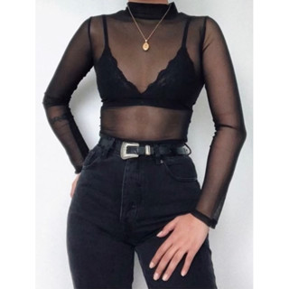 Body Tule Feminino Transparente Manga Langa Com Gola Alta