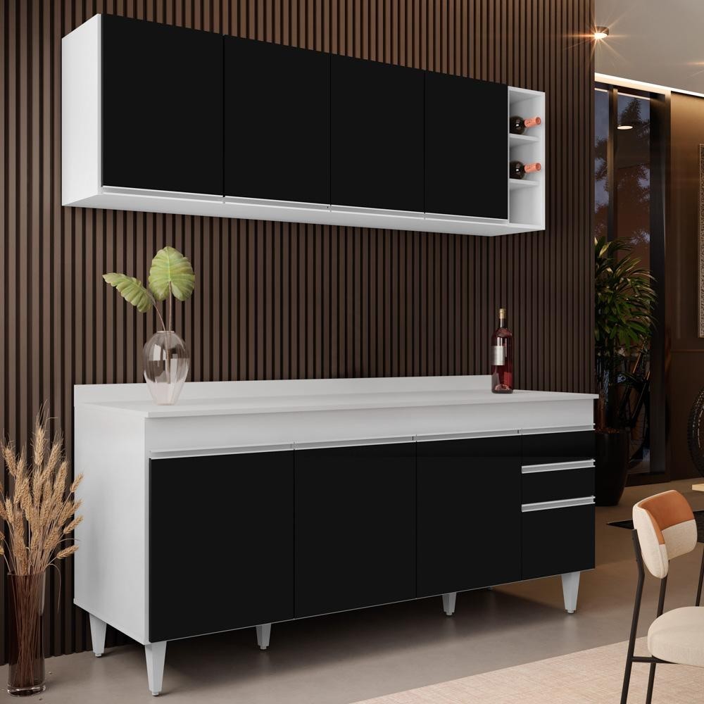 Armário Nevada e Balcão 180cm com Tampo Dallas Branco/Preto - Lumil em Oferta na Shopee