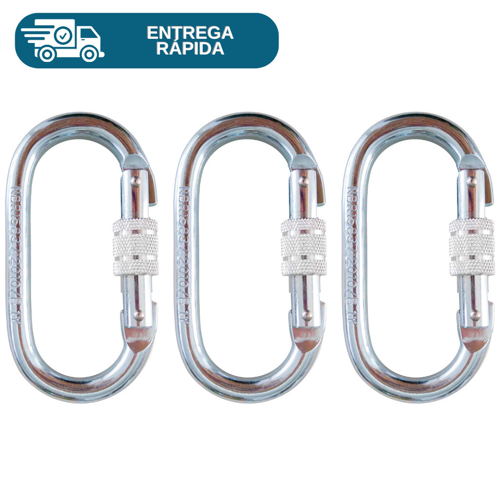 Kit 3 Mosquetão Aço Oval Rosca 23kn Dupla Trava De Segurança Trabalho Em Altura Escalada Alpinismo