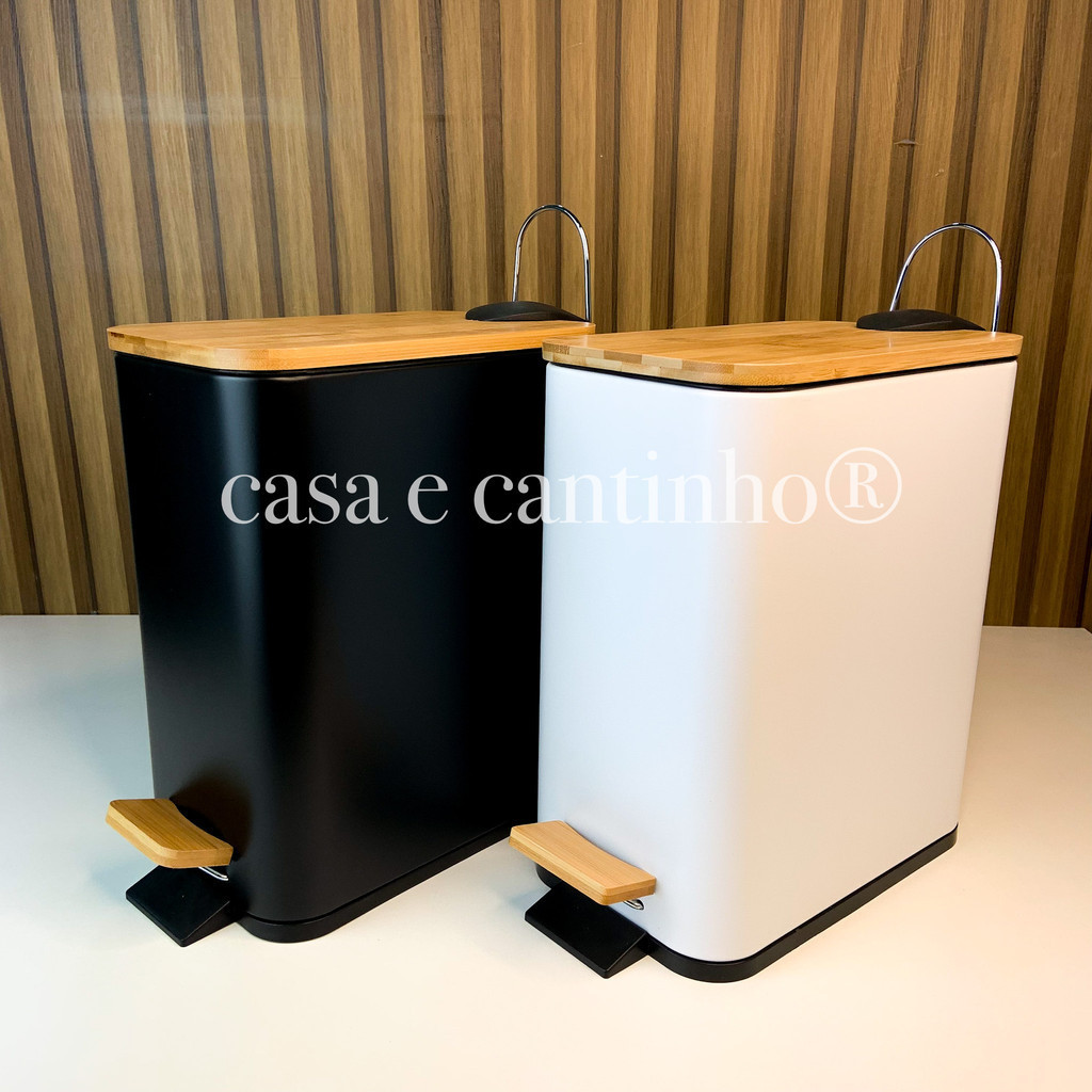 Lixeira Com Tampa e Pedal de Bambu para Casa Banheiro Cozinha Grande em Inox Decorativa Mu...
