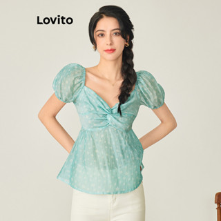 Lovito Casual Blusa Feminina Floral Torcida de Manga Bufante com Bainha de Babados L71ED003 (Azul Claro)