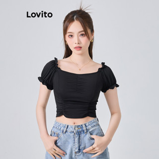 Lovito Casual Camiseta com Babados e Amarração para Mulheres L74ED042 (Preto)