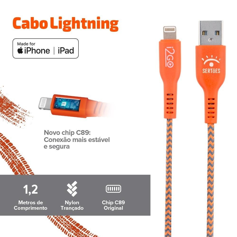 Cabo Lightning i2GO Certificado Mfi 1,2m 2,4a - By Sertões - detalhe