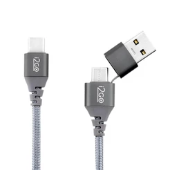 Cabo Carregador USB-C para USB-C i2GO 2m 3A 60W com Adaptador USB-A Carregamento Rápido Nylon Trançado Reforçado Cinza