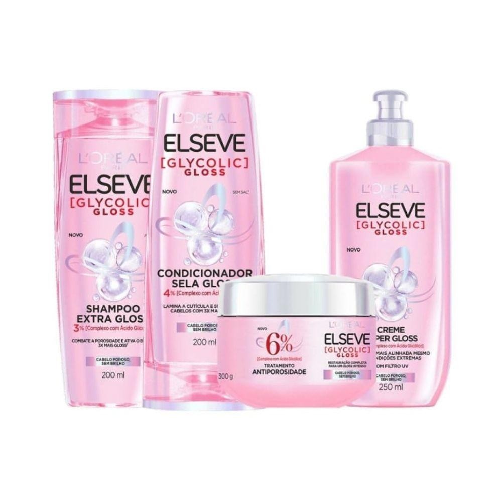Kit Elseve L’Oréal Paris Glycolic Gloss Shampoo Condicionador Antiporosidade Creme (4 produtos) Brilho - Beauty