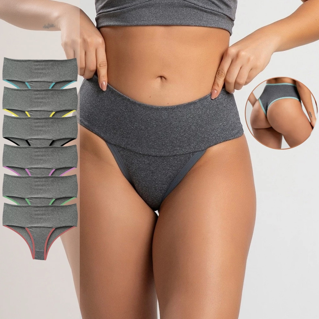 Kit 5 Calcinhas Fitness Cós Alto Duplo Modeladora Segura Barriga Cinta Feminina Conforto Seca Barriga