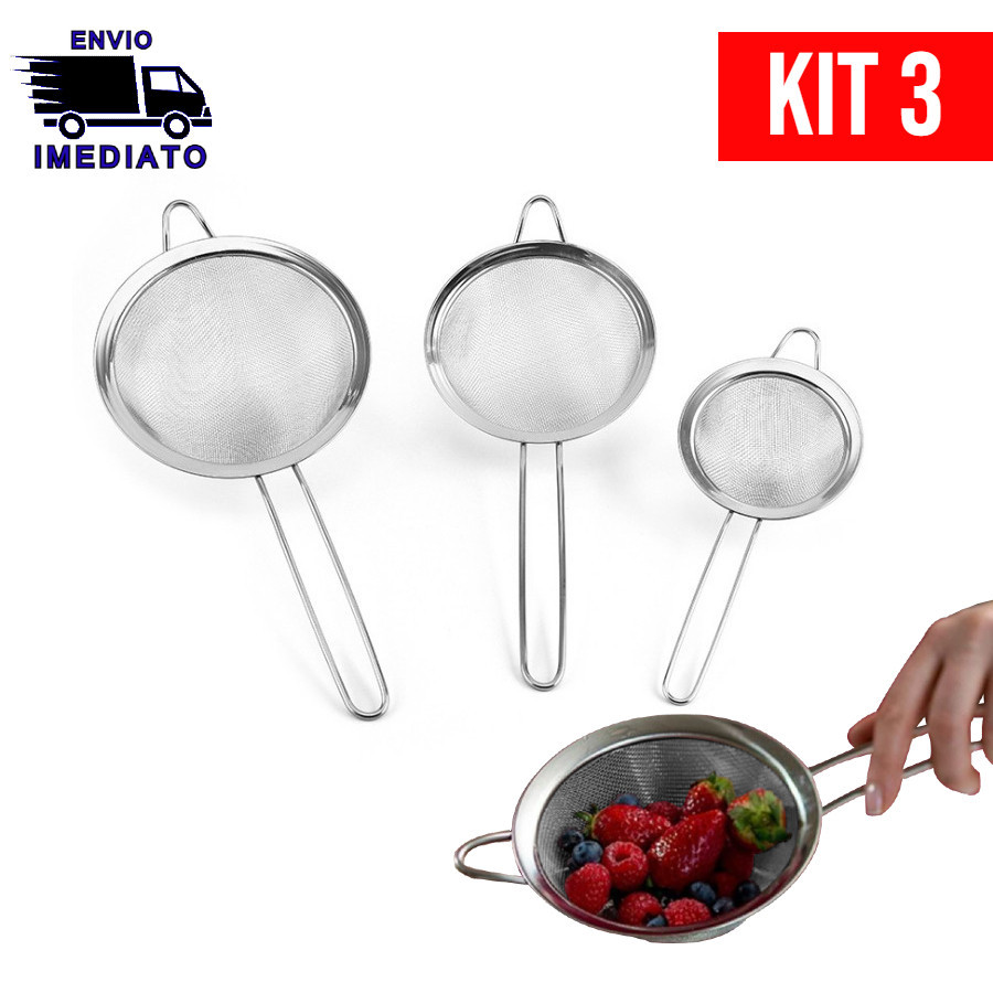 Kit 3 Peneira Coador de Aço Inoxidável Utensílios de cozinha para Cozinha Peneiras de 3 Tamanhos