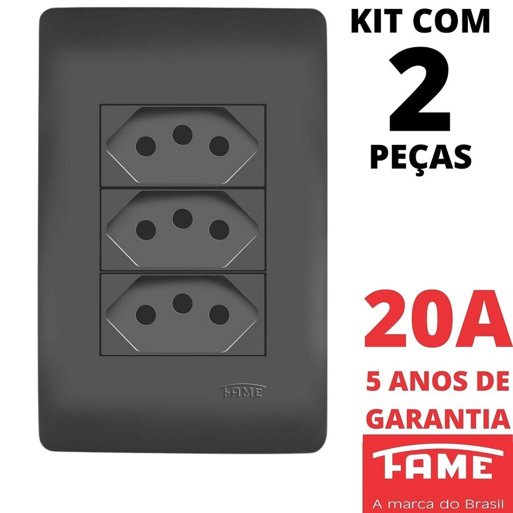 2un Tomada Padrão Tripla 2P+T 20A Com Placa Habitat Black Preto FAME