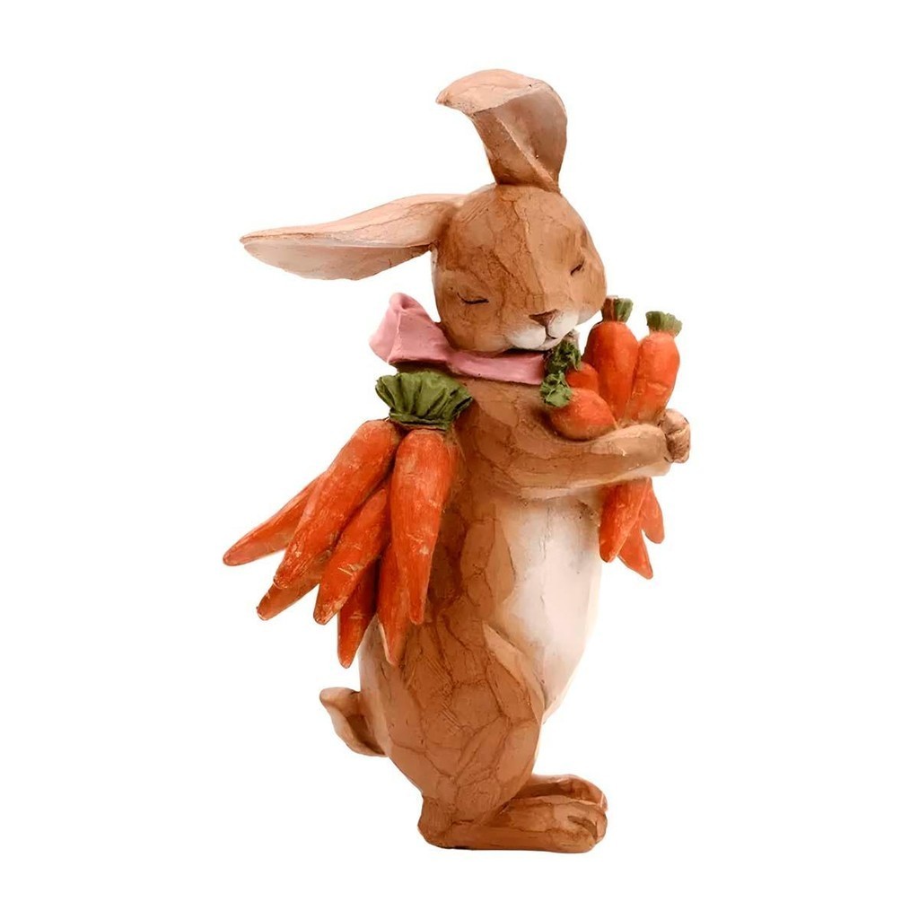 Decoração Estatua Coelho De Páscoa Com Cenouras Em Resina Marrom 24 CM