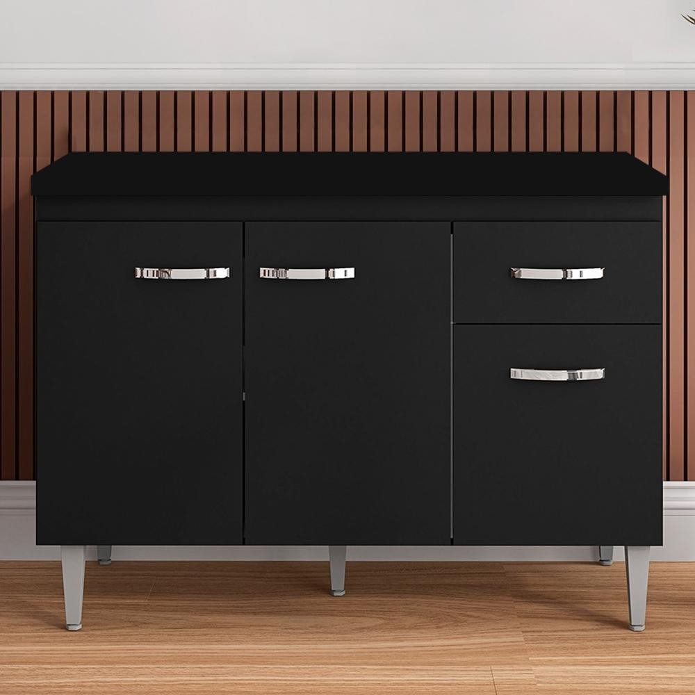 Balcão Gabinete Para Pia Com Tampo 120cm 3 Portas e 1 Gaveta Gabriela Preto - AJL Móveis em Oferta na Shopee