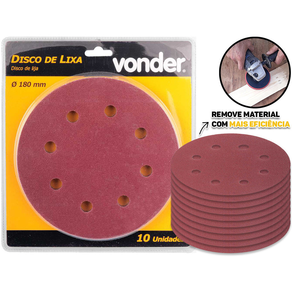 Disco De Lixa Grão 180 Para Paredes Alvenaria Gesso Massa Corrida 180mm Profissional 10 Unidades Vonder