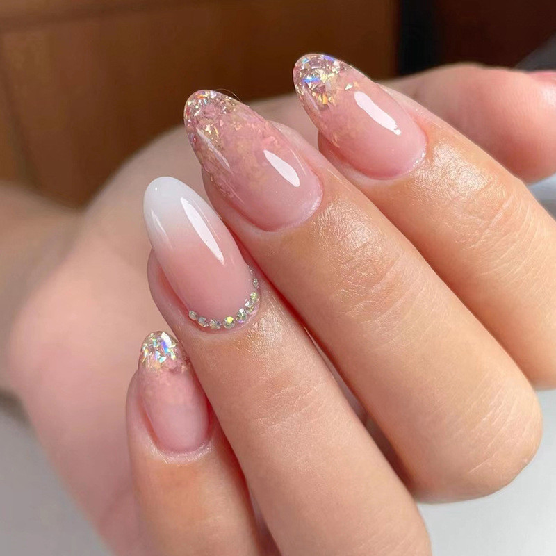 unha postiça decorada realista amendoada Com Diamantes Cola Gradiente Simples Unhas Falsas De Amêndoas pregos falsos de pontiagudas francesinha