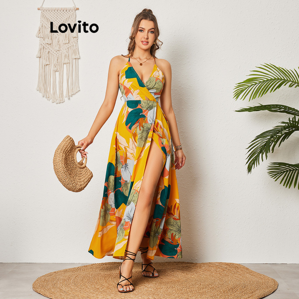 Lovito Vestido Boho Floral Split Wrap Vestido Para Mulheres LBL08397 - Women Clothes