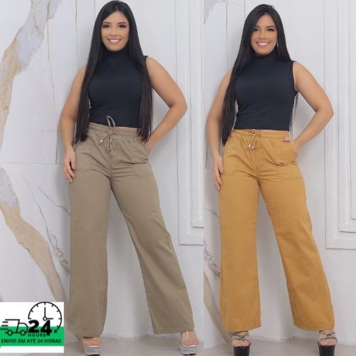 Calça Feminina Pantalona wide leg larga cintura alta e elástico na cintura Verde / Caqui Sarja