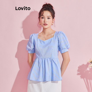 Lovito Casual Blusa Feminina Xadrez Gingham com Laço Traseiro L74ED106