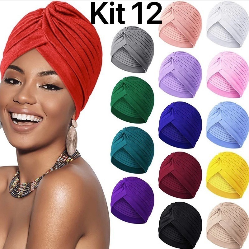 KIT12 Turbante Chapéu Feminino Indiano Elástico Fechado Estiloso liso