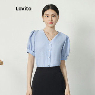 Lovito Blusa Elegante Liso Plissada com Botões para Mulheres L77ED192