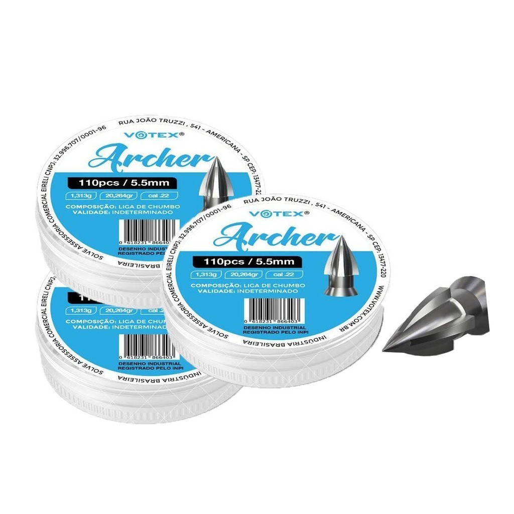 3 Chumbinhos Archer 5.5mm 1,313g 330 Unidades - Votex