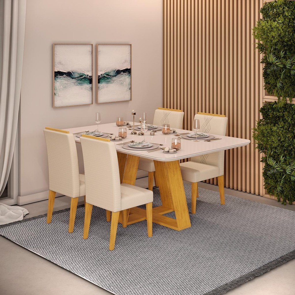 Conjunto Sala de Jantar 4 Cadeiras Tampo Curvo DJ Móveis Kiara Cedro Yasmin Linho Neve em Oferta na Shopee