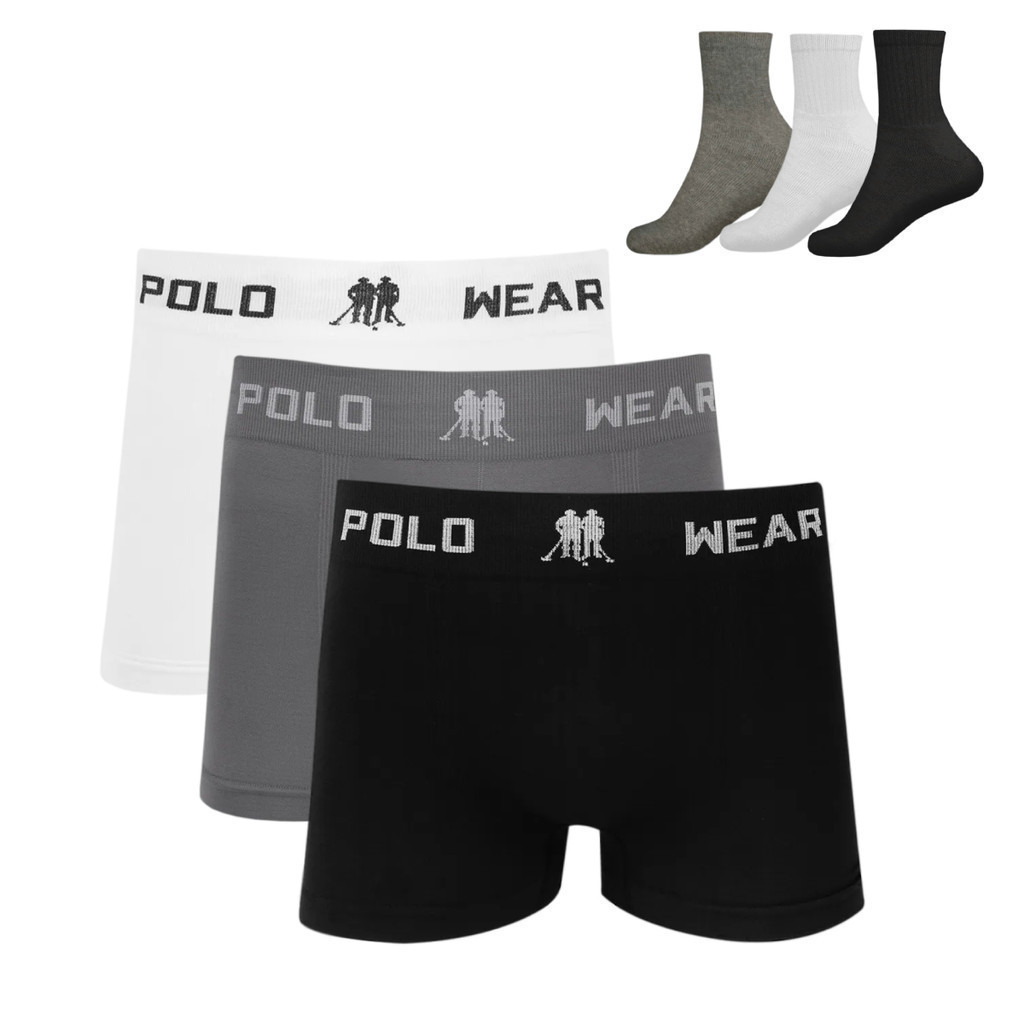 Kit 3 Cueca Boxer Polo Wear Microfibra Sortido + 3 Meias M15