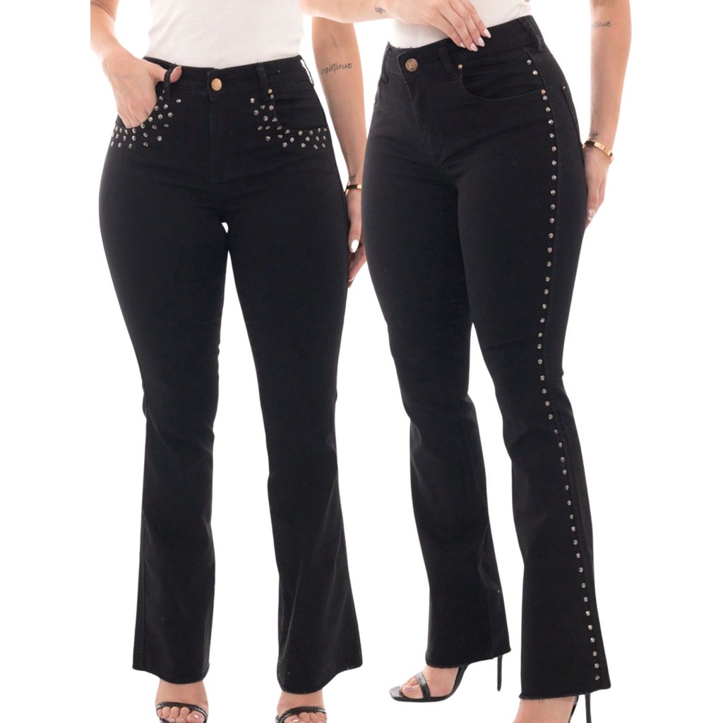 KIT Feminino 2 Peças - Calça Flare Jeans Preto com Spike na Lateral e Detalhes de Spike no Bolso