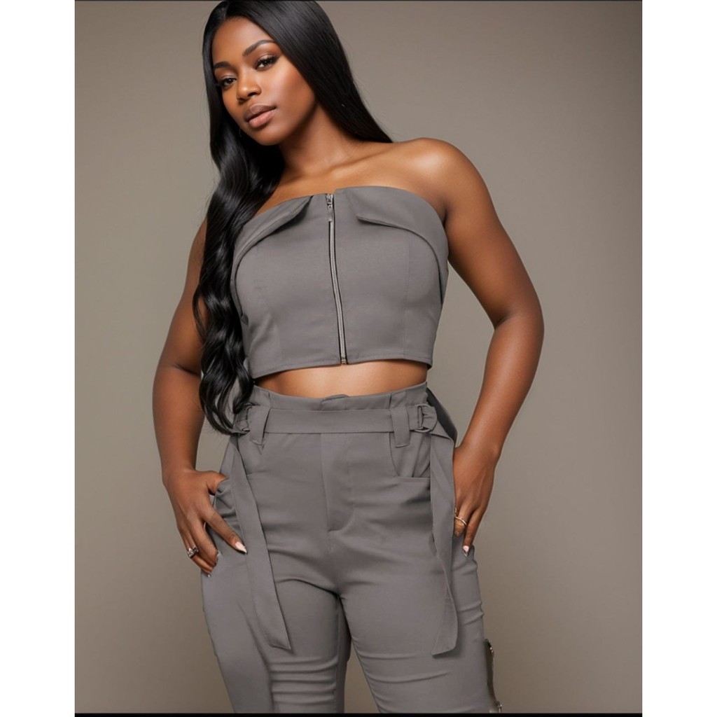 Conjunto feminino alfaiataria cropped tomara que caia dee ziper frontal e calça cargo elegante social casual