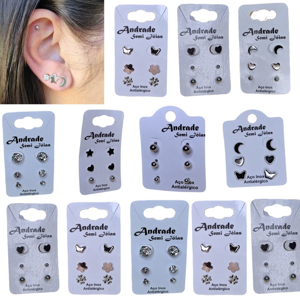 12 PARES Brinco Aço Inox Antialérgico Estrela Coração Zircônia Modelos Variados Atacado 3 Furos Lote em Oferta na Shopee